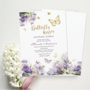 Invitación Elegante color de agua moderna mariposa besos bebé