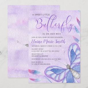 Invitación Elegante color de agua morado mariposa Baby Shower