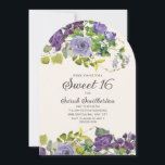 Invitación Elegante color de agua morado Vines florales Dulce<br><div class="desc">Elegante color morado de agua hojas y vides florales y verdes sobre crema de marfil jardín botánico en forma de arco dulce invitación a la fiesta de 16 años. Contáctame para obtener ayuda sobre la personalización o para solicitar productos de Zazzle para tu evento.</div>