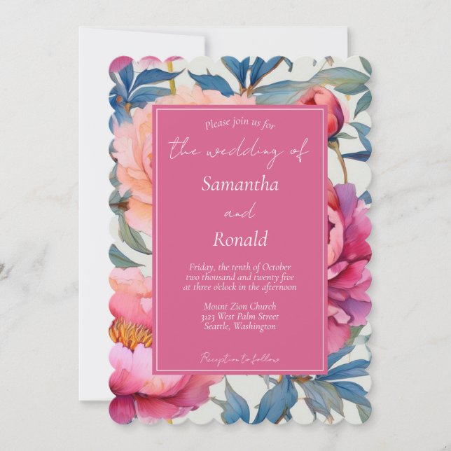 Invitación Elegante color de agua Peony Flowers Boda (Anverso)
