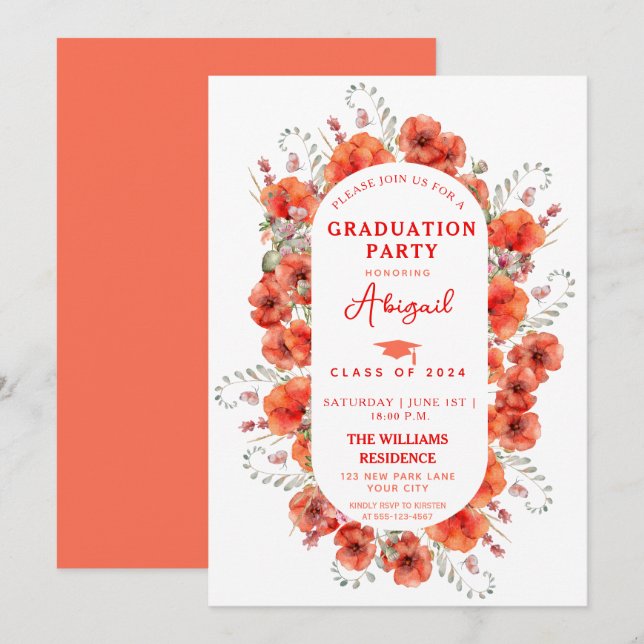 Invitación Elegante color de agua rojo Poppies Graduación (Anverso / Reverso)