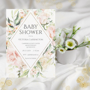 Invitación Elegante color de agua rosa floral dorado bebé