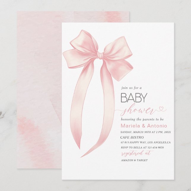 Invitación Elegante color de agua rosado Chica Baby Shower (Anverso / Reverso)