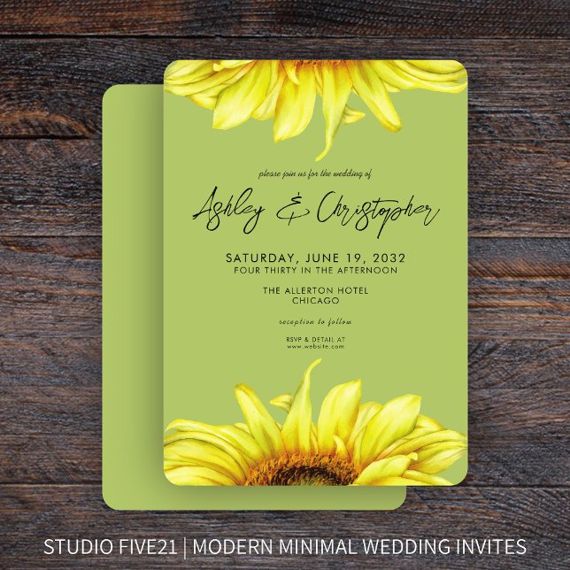 Invitación Elegante color de agua Sunflower Boda verde claro (Subido por el creador)