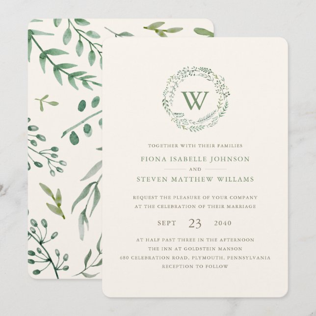 Invitación Elegante color de agua verde Boda de Wreath (Anverso / Reverso)