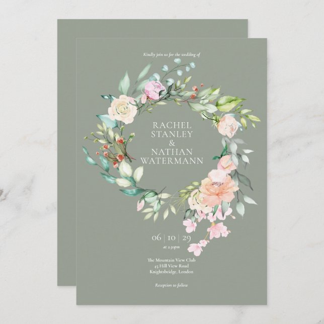 Invitación Elegante color de agua verde Boda floral (Anverso / Reverso)