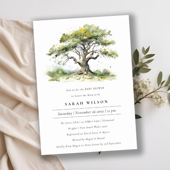 Invitación Elegante color de agua verde roble Baby Shower (Subido por el creador)