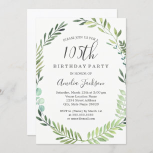 Invitación Elegante color de agua verde Wreath 105º cumpleaño