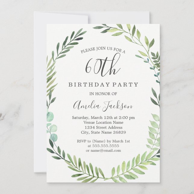 Invitación Elegante color de agua verde Wreath cumpleaños 60 (Anverso)