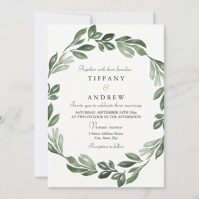 Invitación Elegante color de agua verde Wreath Wedding Invite (Anverso)