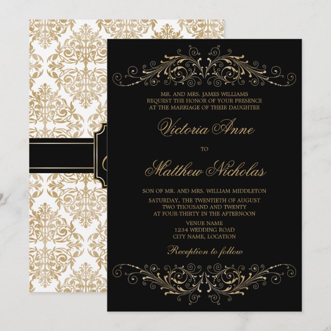 Invitación Elegante color dorado florece y Damasco (Anverso / Reverso)
