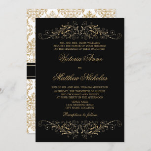 Invitación Elegante color dorado florece y Damasco