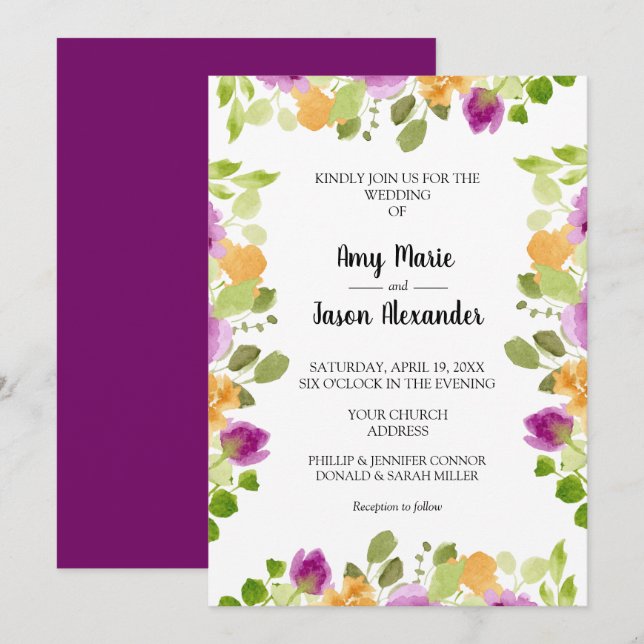 Invitación Elegante color morado floral (Anverso / Reverso)