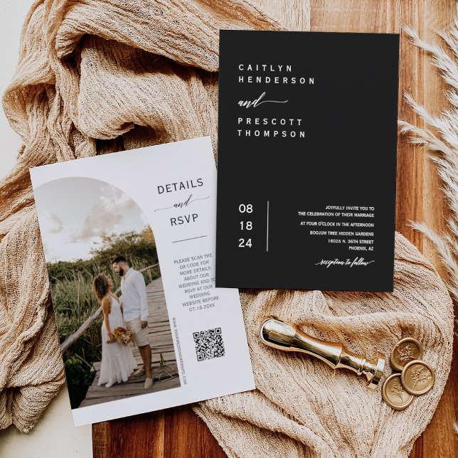 Invitación Elegante color negro Boda mínimo arco foto código  (Subido por el creador)