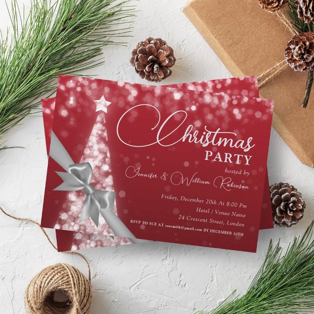 Invitación Elegante color Plata Rojo Brillante Navidad (Elegant Silver Red Shimmering Xmas Tree Holiday Invitation)