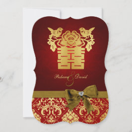 Invitación Elegante color rojo y oro doble felicidad china