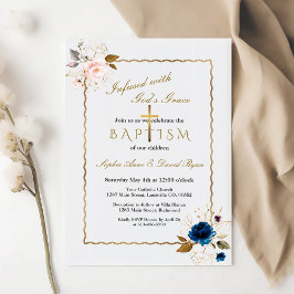 Invitación Elegante color rosa azul flor de oro gemelos bauti
