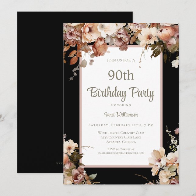 Invitación Elegante color rosa floral negro 90 cumpleaños (Anverso / Reverso)