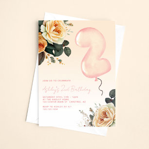 Invitación Elegante color rosa Floral Segundo cumpleaños