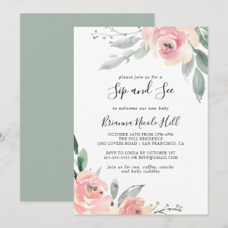 Invitación Elegante color rosa Rubor Floral Sip y See
