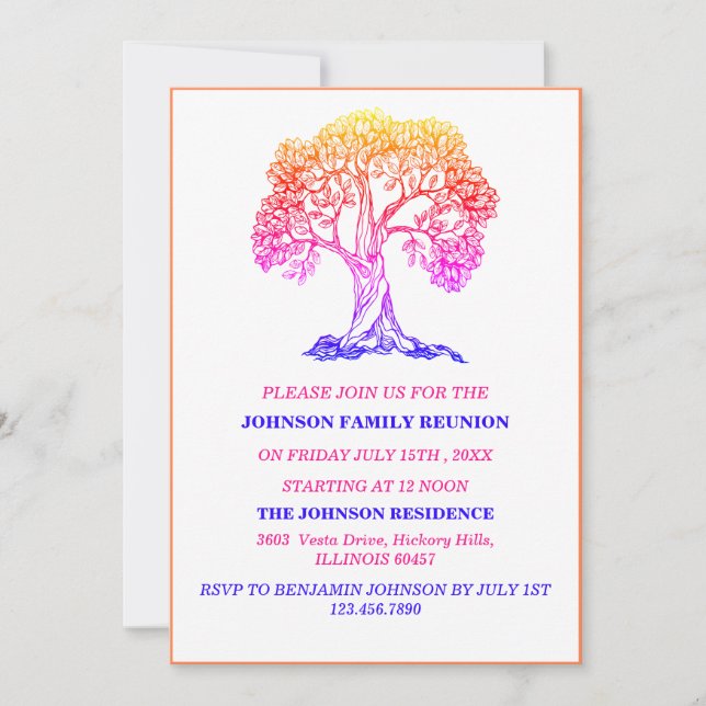 Invitación Elegante colorida Reunión de la Familia del Árbol (Anverso)