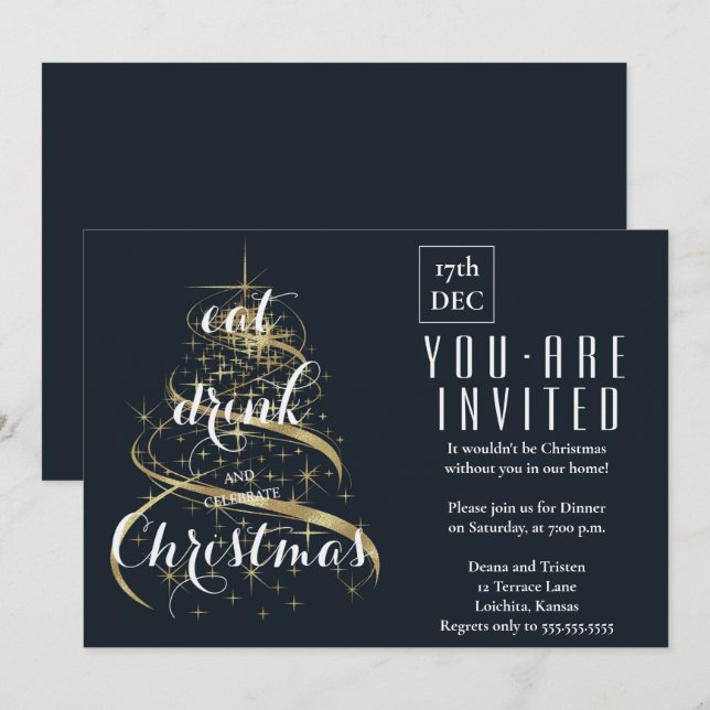 Invitación Elegante Comer, beber y celebrar Navidades Fiesta (Anverso / Reverso)