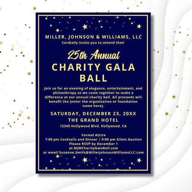 Invitación Elegante compañía de beneficencia Gala Ball Blue G (Elegant Charity Gala Ball Invitation, budget version with gold ink, dark blue background with stars.)