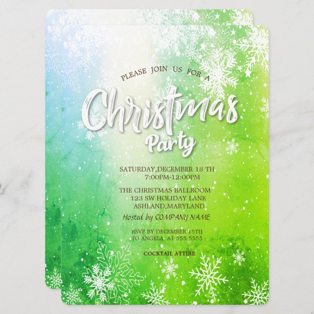 Invitación Elegante compañía de Navidades verdes con copas de (Anverso / Reverso)