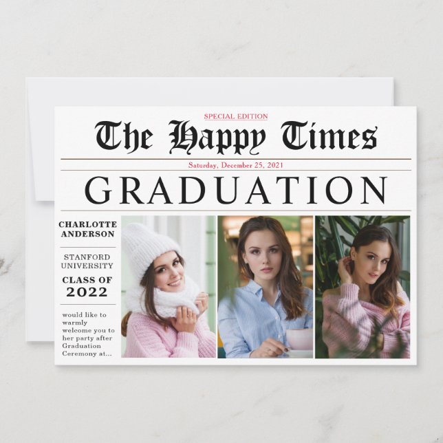 Invitación Elegante Comparte tu News 3 Photo Graduation Party (Anverso)