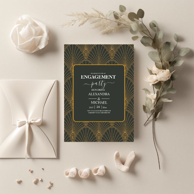 Invitación Elegante compromiso Art Deco Gold Green (Subido por el creador)