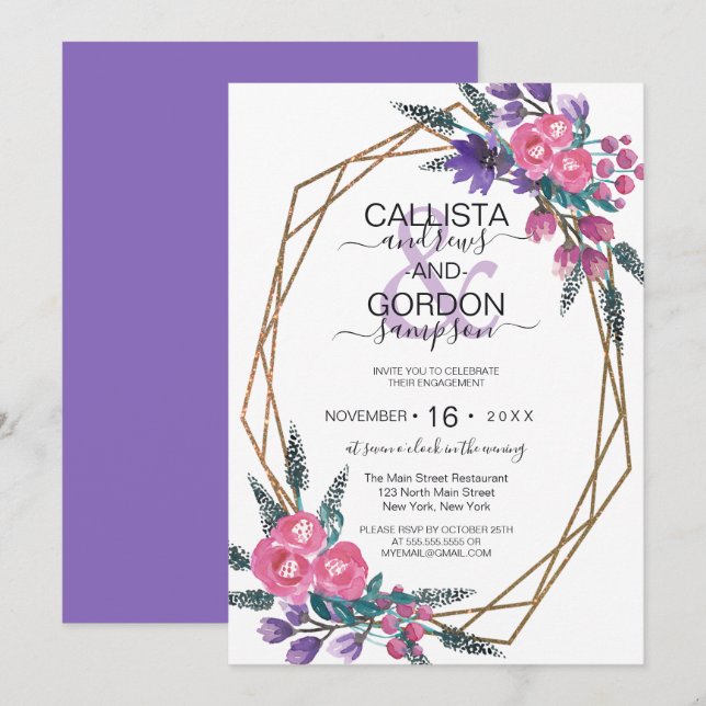 Invitación Elegante Compromiso De Flores De Agua Púrpura Rosa (Anverso / Reverso)