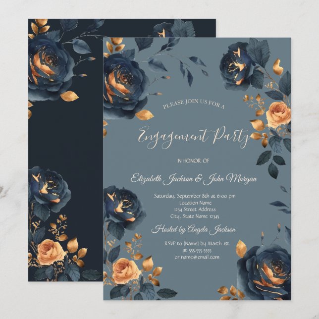 Invitación Elegante Compromiso de Flores de Oro Azul Marino (Anverso / Reverso)