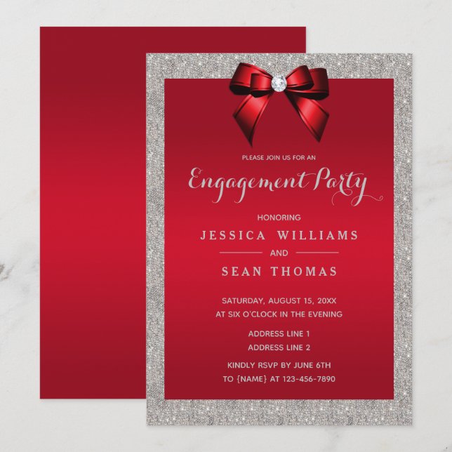 Invitación Elegante compromiso de Purpurina rojo y plateado d (Anverso / Reverso)