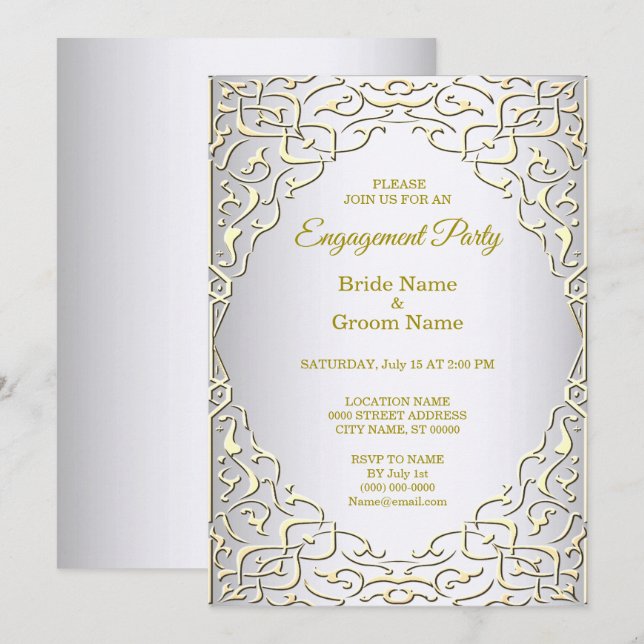 Invitación Elegante compromiso decorativo de oro plateado (Anverso / Reverso)