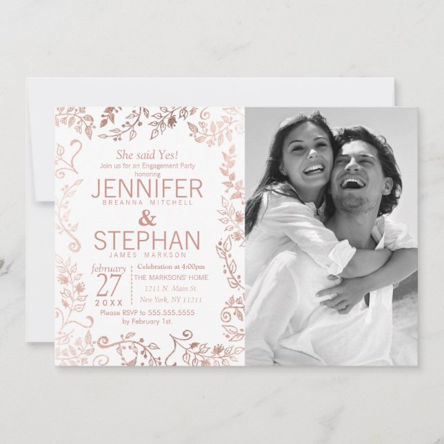 Invitación Elegante Compromiso Floral de Oro Rosa Blanca (Anverso)