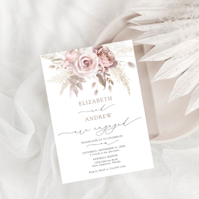 Invitación Elegante Compromiso Floral Rosa Rosa Dusty Rubor (Subido por el creador)