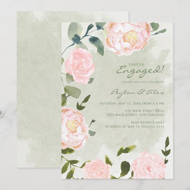 Invitación Elegante Compromiso Floral Rosa Rubor (Anverso / Reverso)