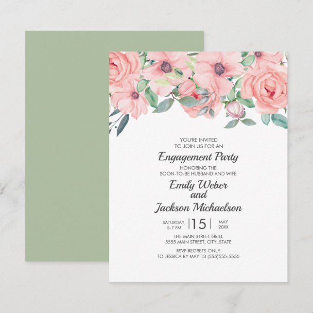 Invitación Elegante Compromiso floral verde rosado de Rubor S (Anverso / Reverso)
