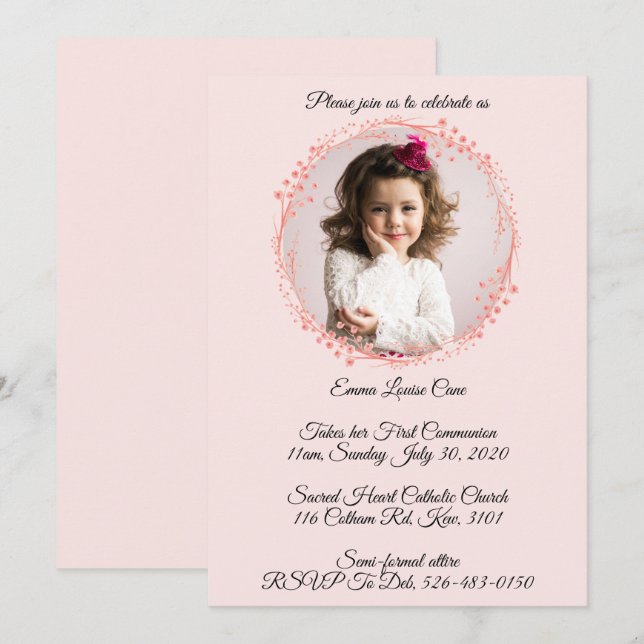 Invitación Elegante comunicación rosa claro 1ª Holly (Anverso / Reverso)