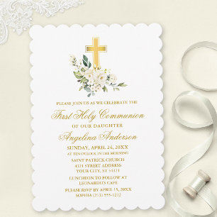 Invitación Elegante Comunión acuática blanca floral de oro