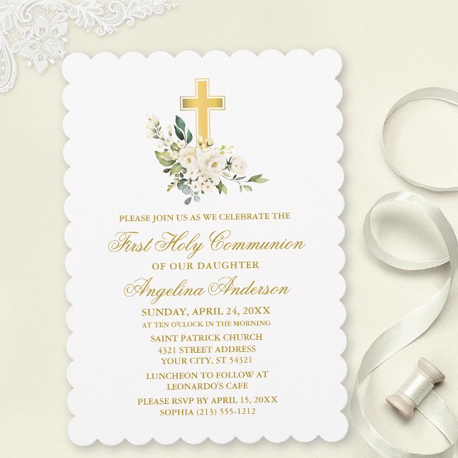 Invitación Elegante Comunión acuática blanca floral de oro (Customize to change text color, size, style or to add photos or more text to back of card.)