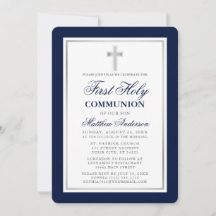 Invitación Elegante Comunión Azul y Plata