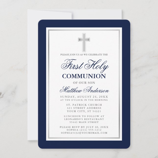 Invitación Elegante Comunión Azul y Plata (Anverso)