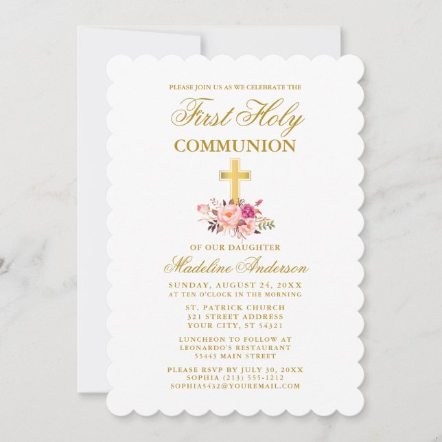 Invitación Elegante Comunión de acuarela rosa floral (Anverso)