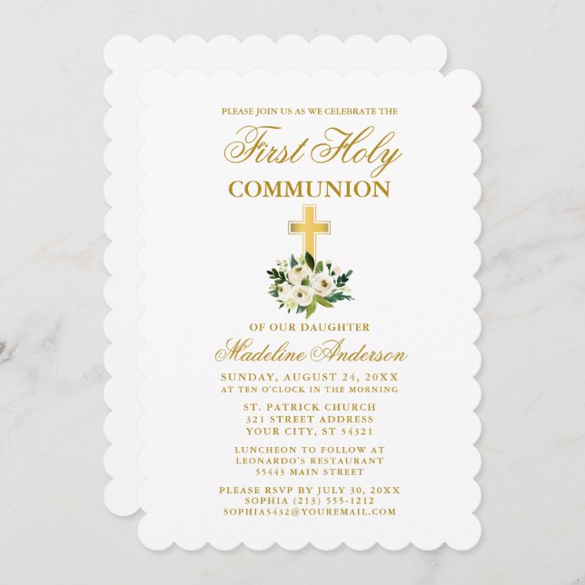 Invitación Elegante Comunión de acuarela verde floral (Anverso / Reverso)