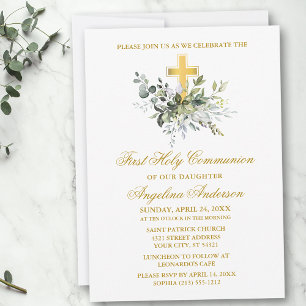 Invitación Elegante Comunión de Oro de Verdor de Acuarela