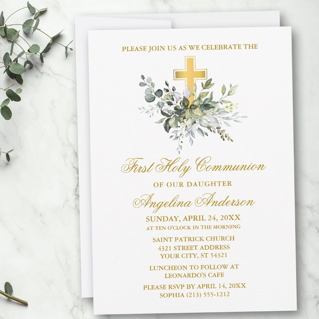 Invitación Elegante Comunión de Oro de Verdor de Acuarela (Customize to change text color, size, style or to add photos or more text to back of card.)