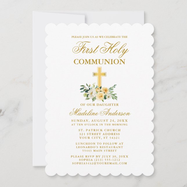 Invitación Elegante Comunión floral blanca amarilla (Anverso)