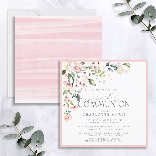 Invitación Elegante Comunión floral de acuarela rosa (Subido por el creador)