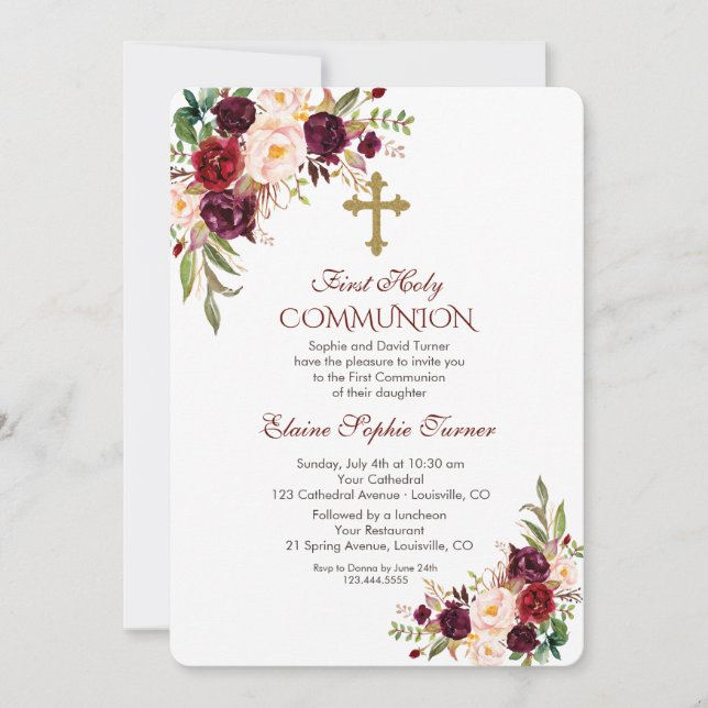 Invitación Elegante comunión floral de Rubor borgoña (Anverso)